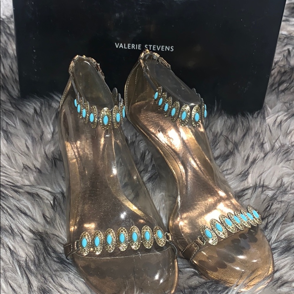 2.5 inch Bronze Heels /Turquoise and Gold Straps